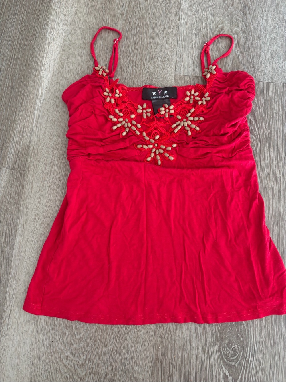 Vintage Y2K beaded babydoll American jeans Red Spaghetti Strap tank top‎
